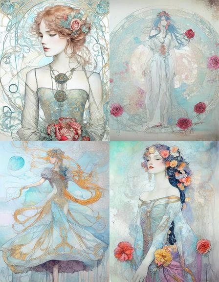 Art Nouveau Woman Entering Magical Universe with Roses
