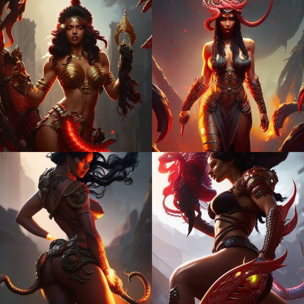 Attractive Red-Skinned Gorgon with Flowing Black Hair