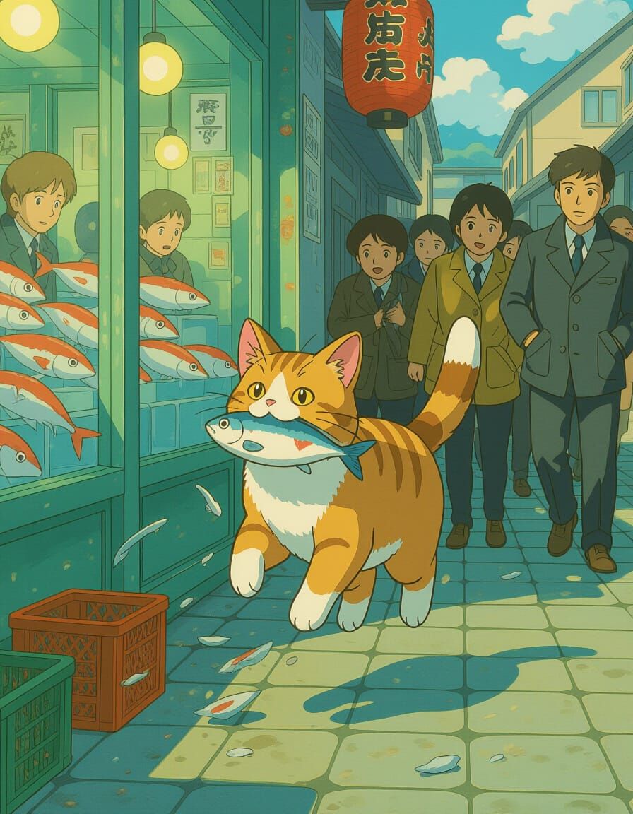 Cat Burglar Steals Fish: Studio Ghibli Anime Key Visual