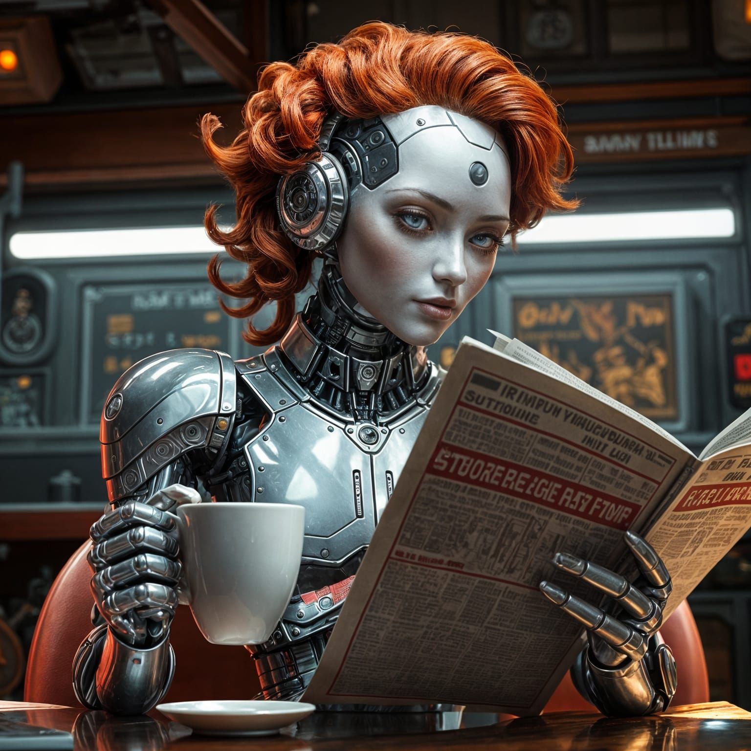 Hyperrealistic Female Robot Drinking Coffee