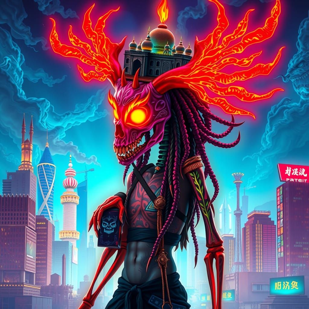 Psychedelic Anubis Confronts Dragon and Cosmic Goddess