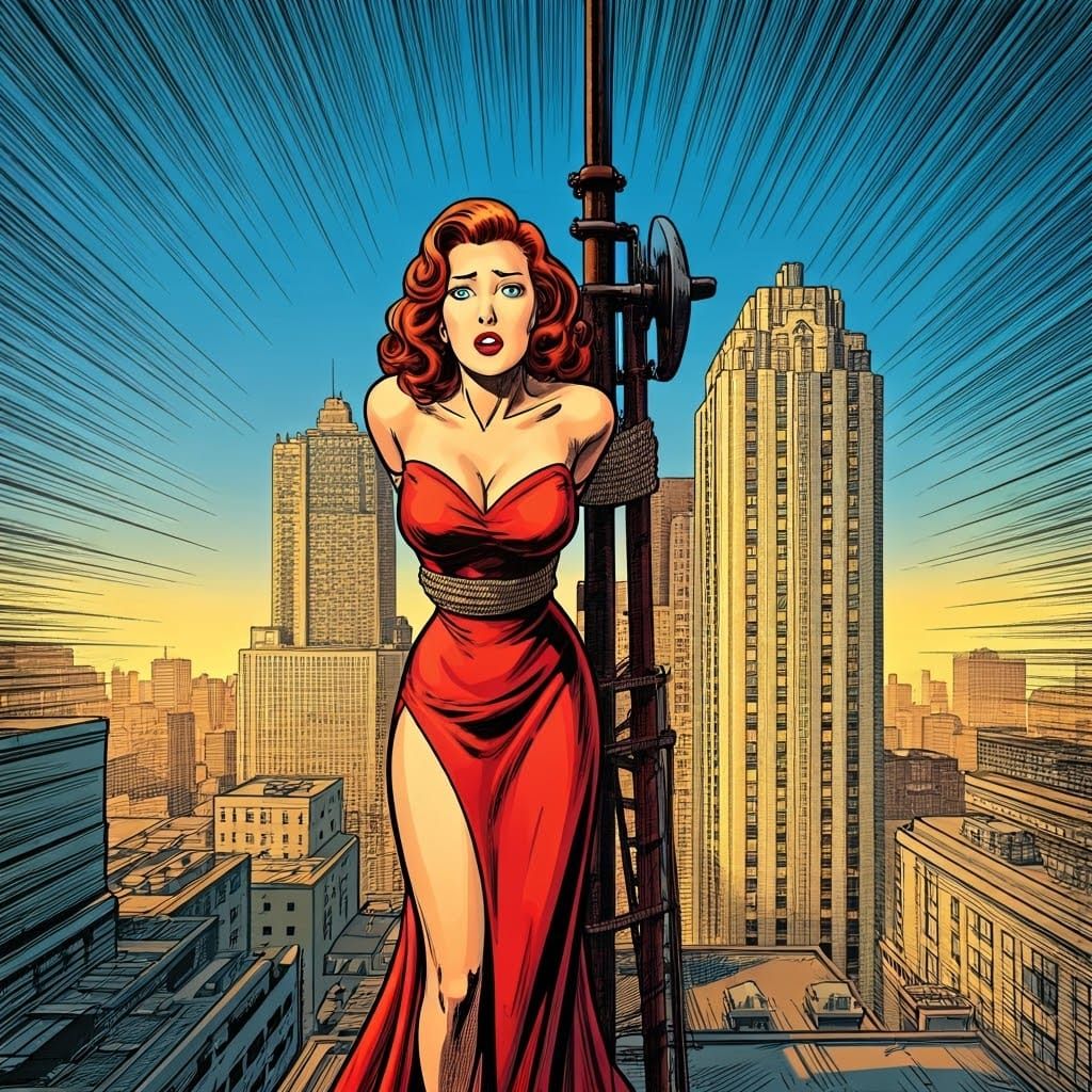 Retro Pin-Up Girl in Action-Packed Cityscape