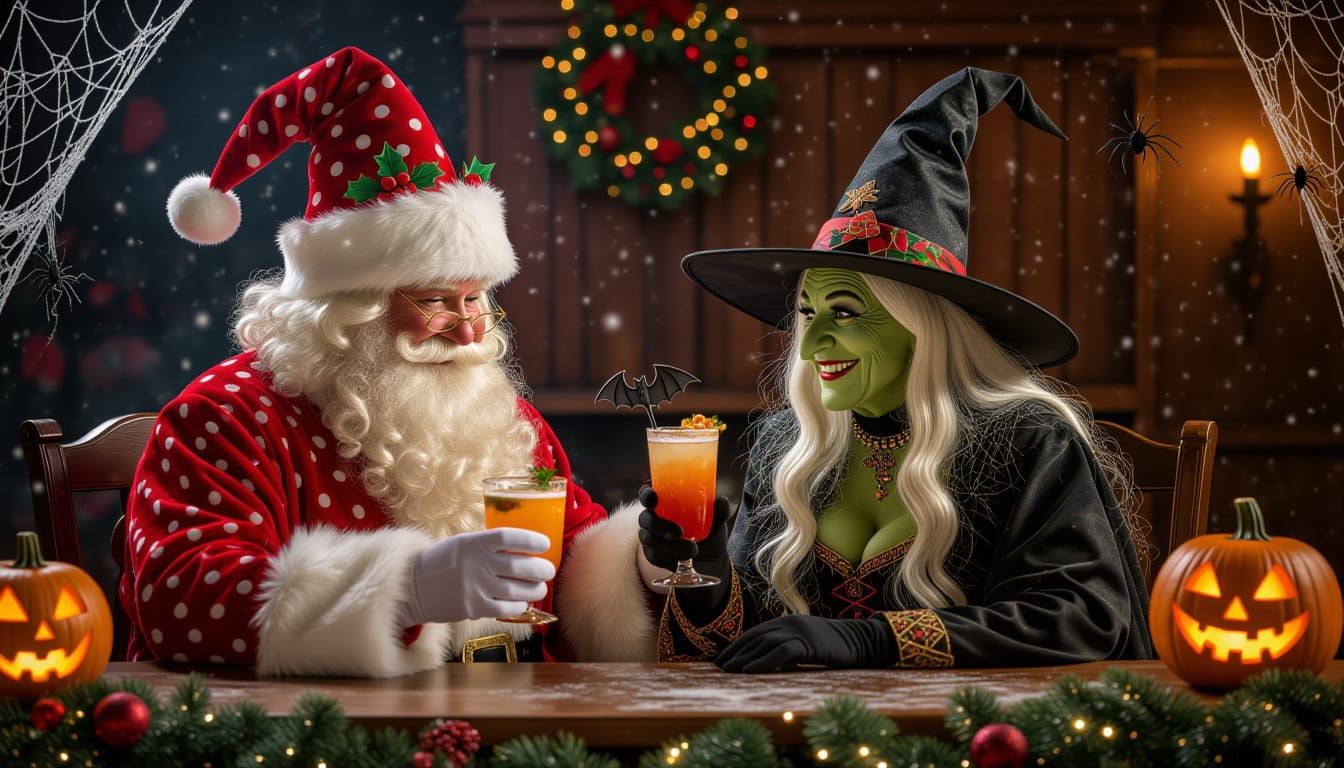 Santa and Witch Chat at a Festive Bar