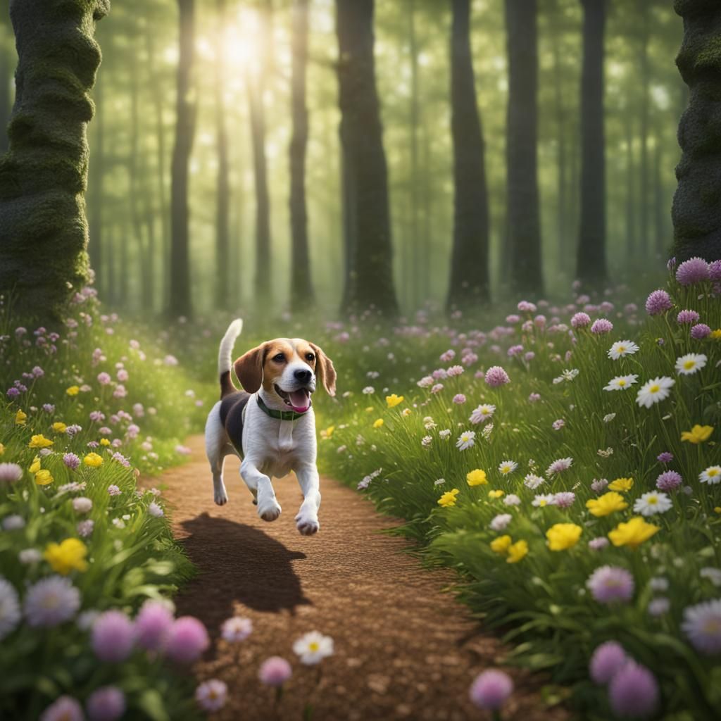 Beagle Chasing Rabbit in Hyperrealistic Meadow