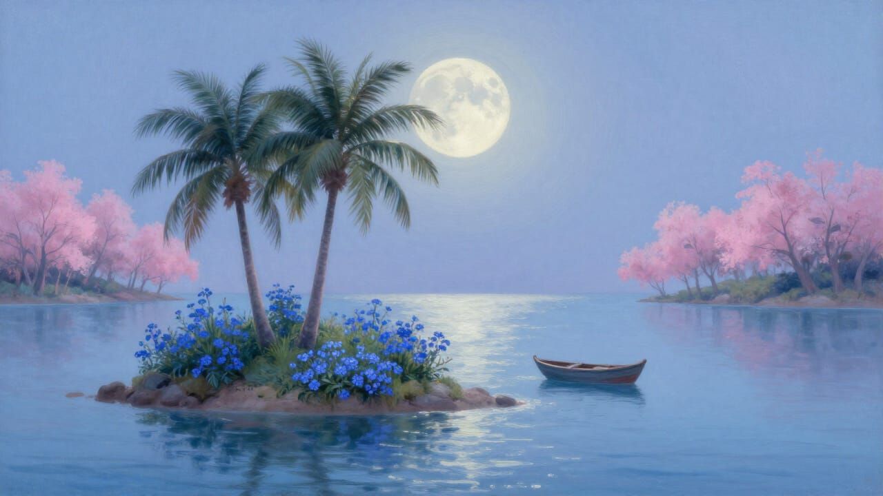 Serene Island Paradise Under Moonlight with Boat
