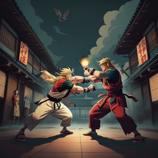 Ukiyo-e Style Martial Arts Battle: Ryu vs Ken