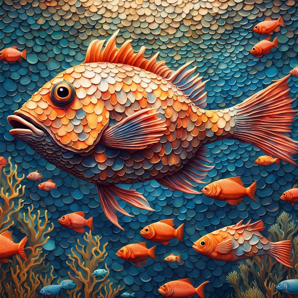 Fish swimming in a coral reef MOSAIC tiles UNREAL engine  intricately detailed hyperrealism perfect composition whimsica...