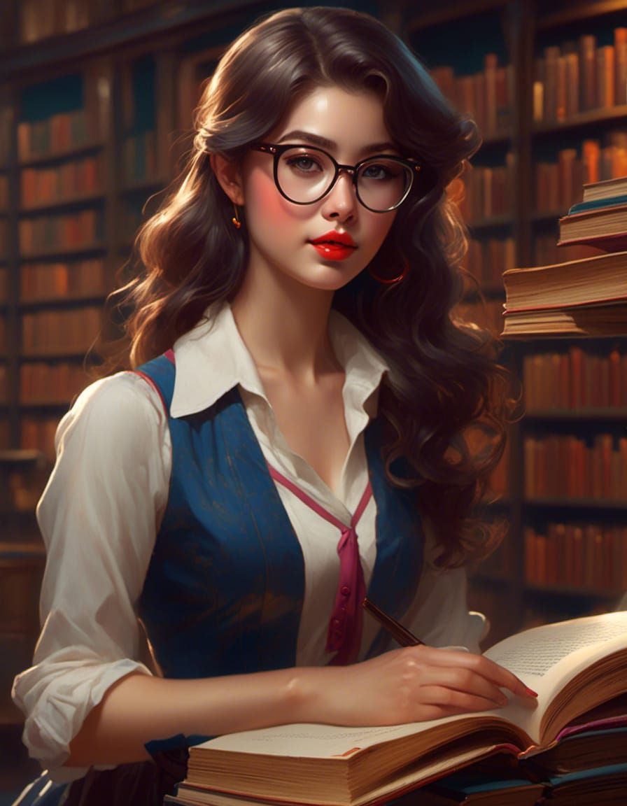 <lora:MakeItPretty:0.8> librarian girl with glasses