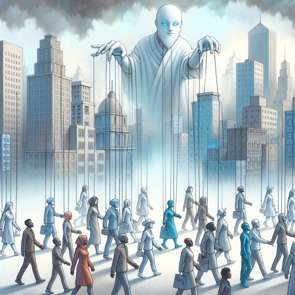 Surreal Cityscape with Celestial Puppeteer in Realistic Styl...