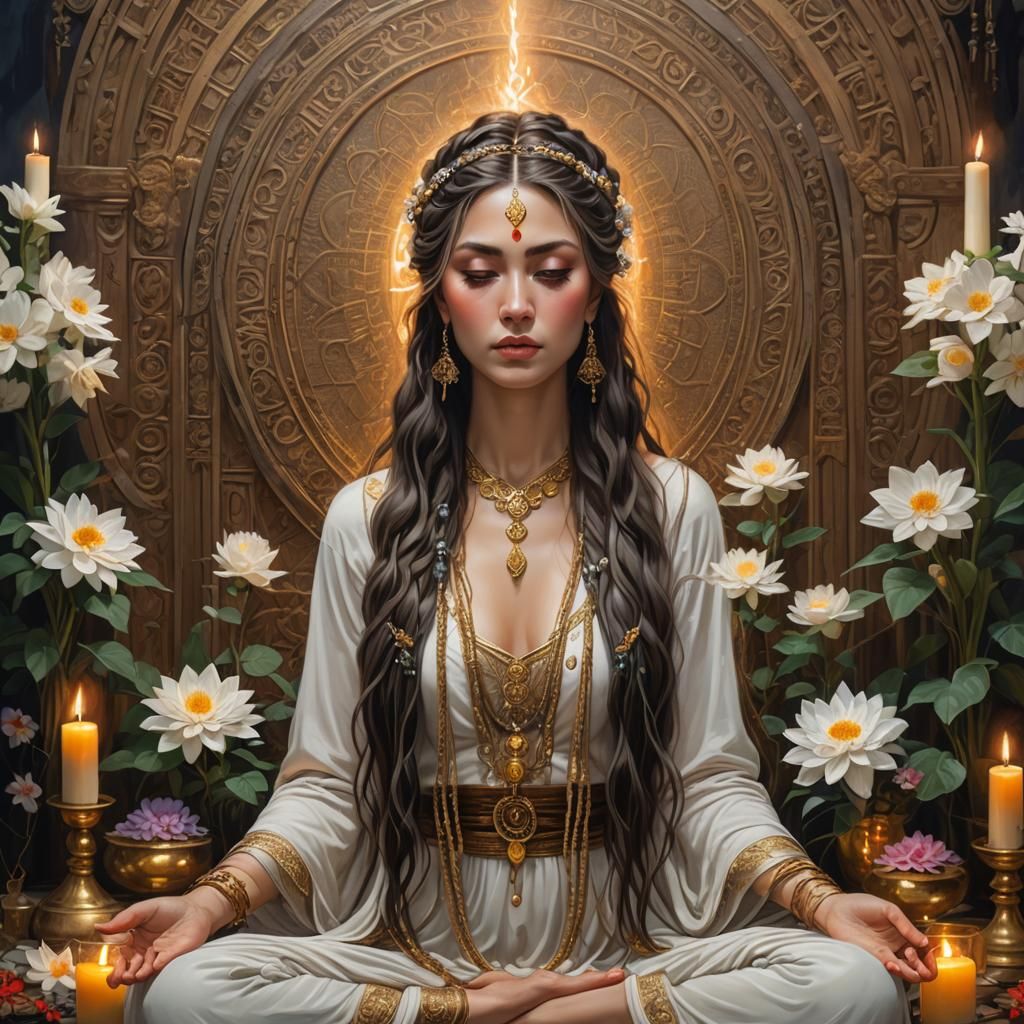 Beautiful Priestess in Meditation with Crystal Candles