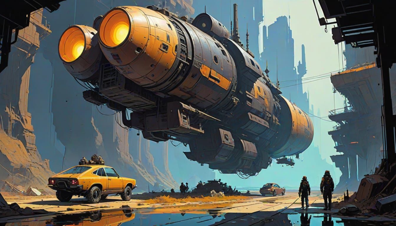 Cyberpunk Airship Soars Amidst Majestic Skies