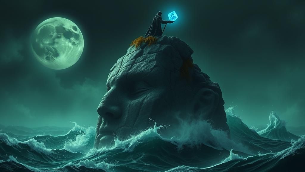 Stone Head Emerges from Stormy Seas