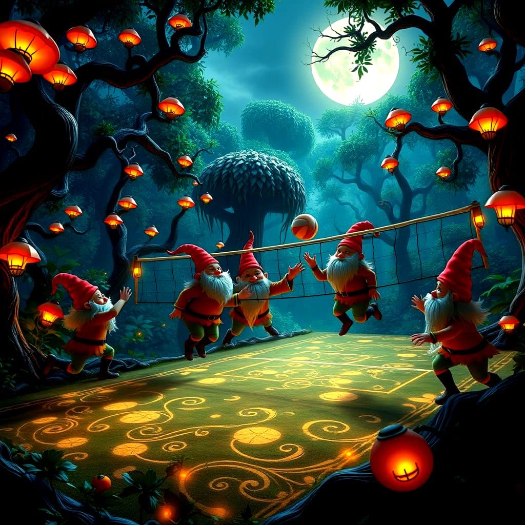 Gnomes Playing Volleyball Under Harvest Moon in Emerald Fore...