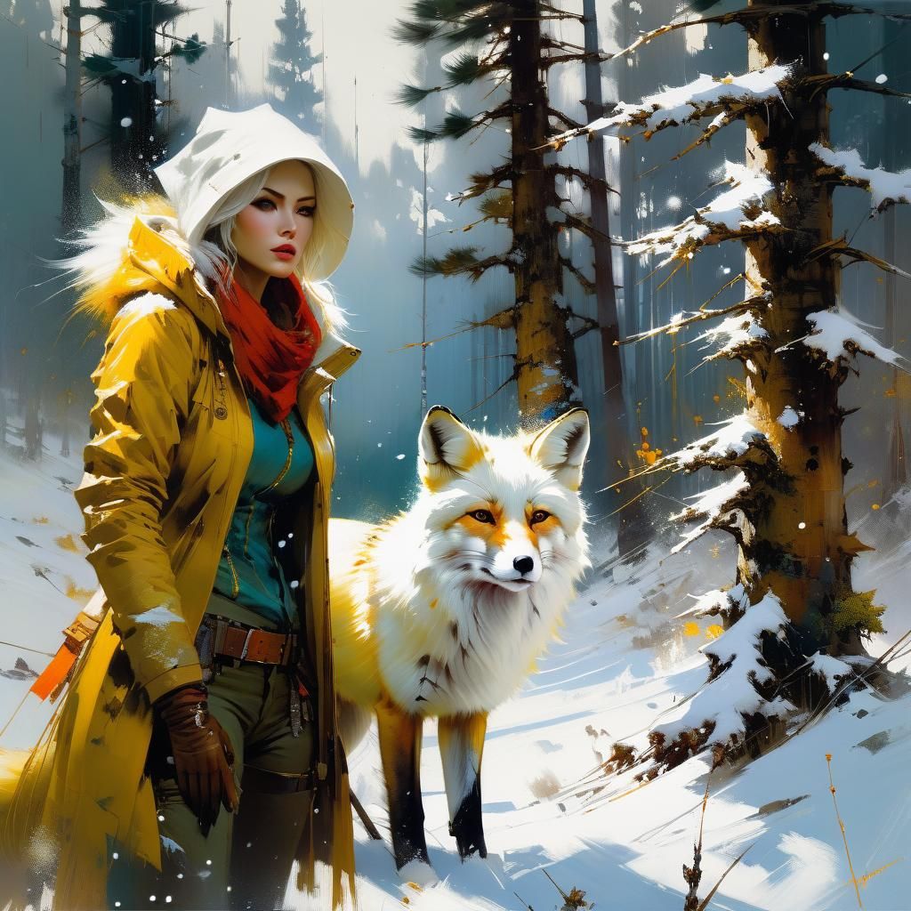 White Fox Playing in Snowy Forest