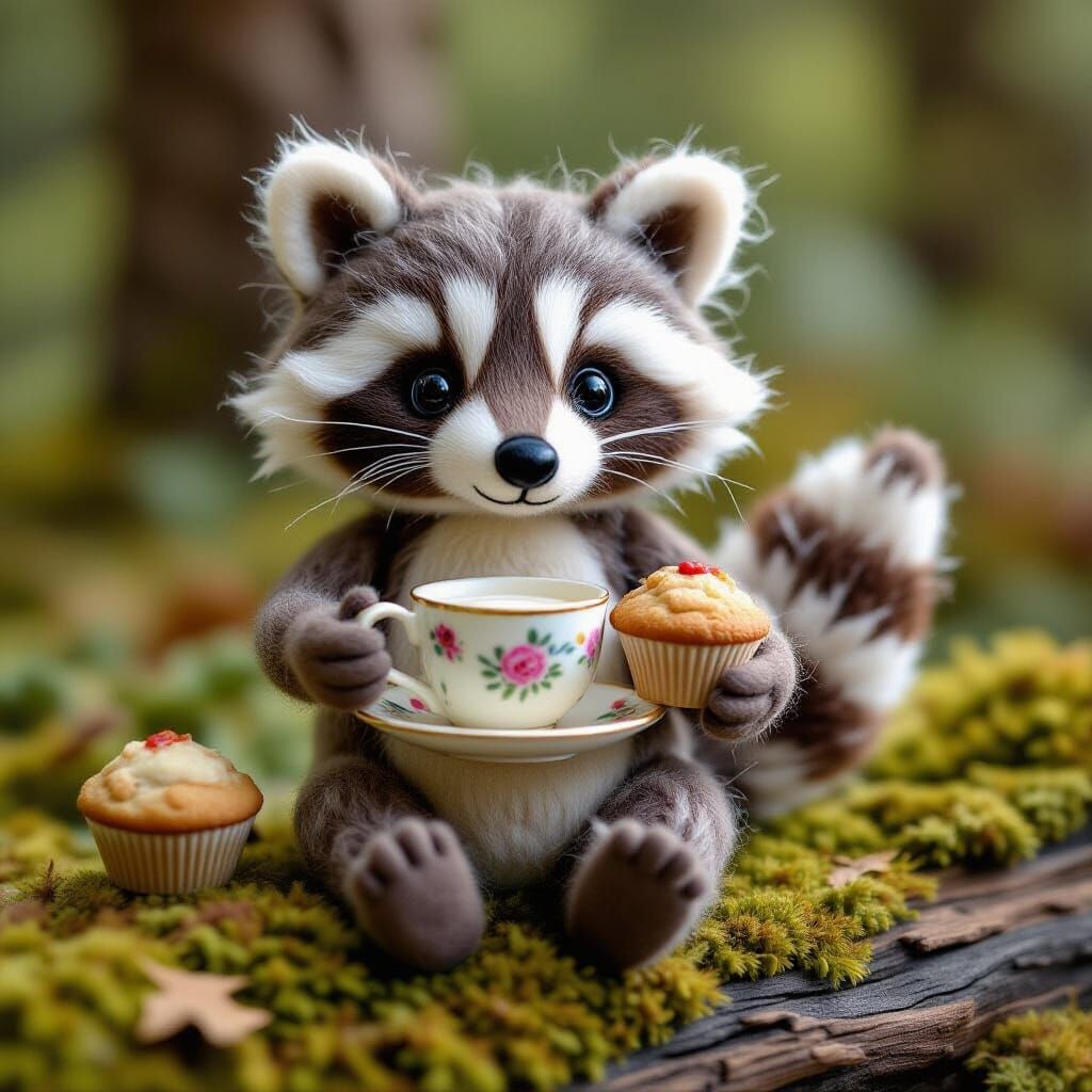 Whimsical Raccoon with Muffin and Milk