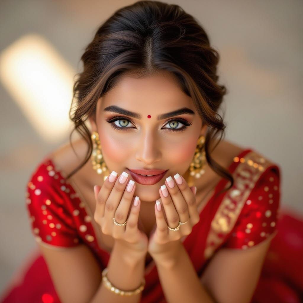 Indian Woman in Red Saree with French Tip Nails, Hyperrealis...