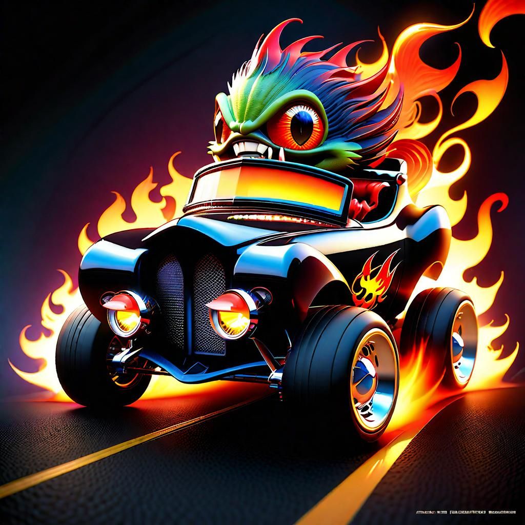 Chibi Monster Drives Flaming Hotrod in Cartoon Style