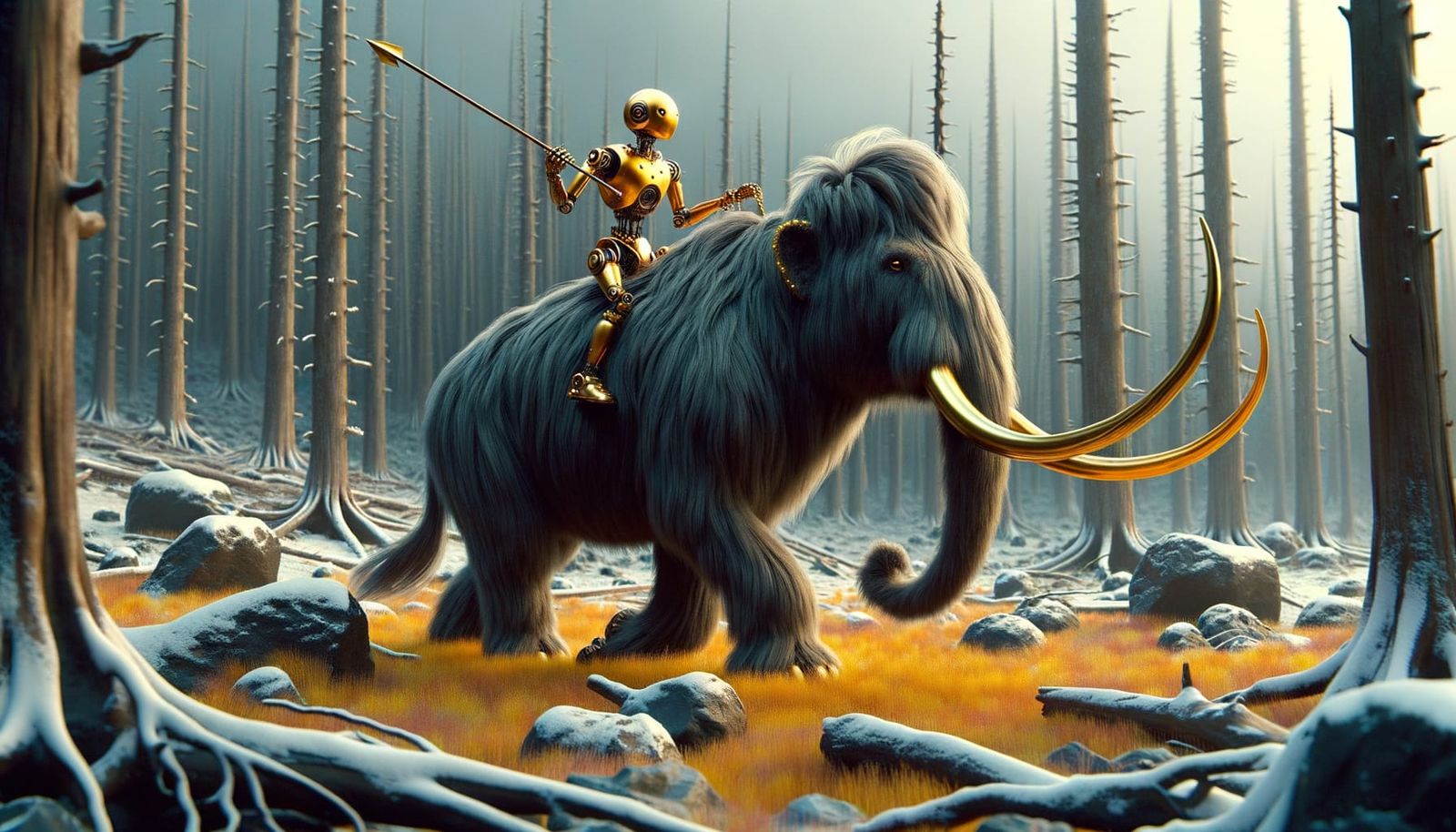Golden Robot on a Glossy Black Mammoth in a Thawing Forest