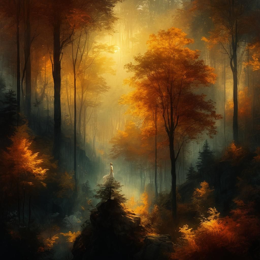 Ethereal Woman Overlooking Misty Forest in Digital Art