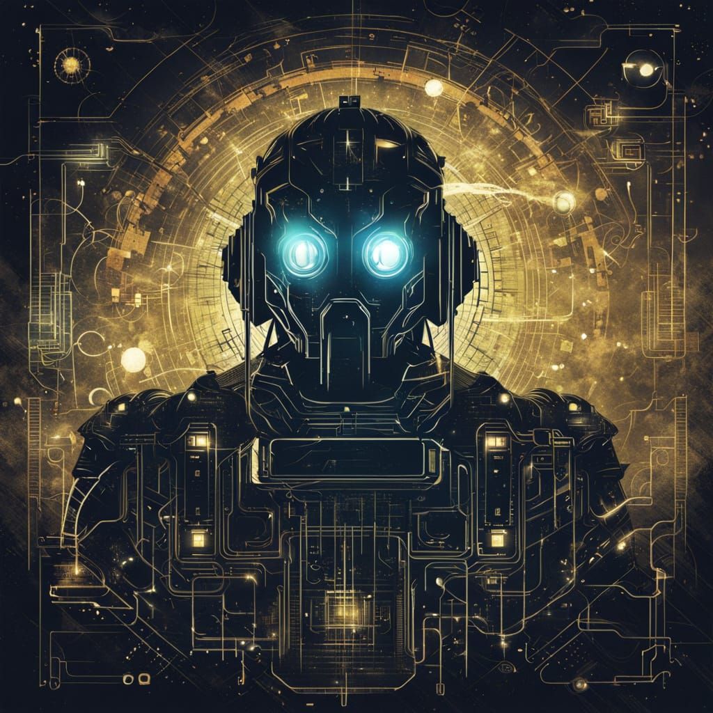 Grunge Android Amidst Astral Circuitry in Chiaroscuro