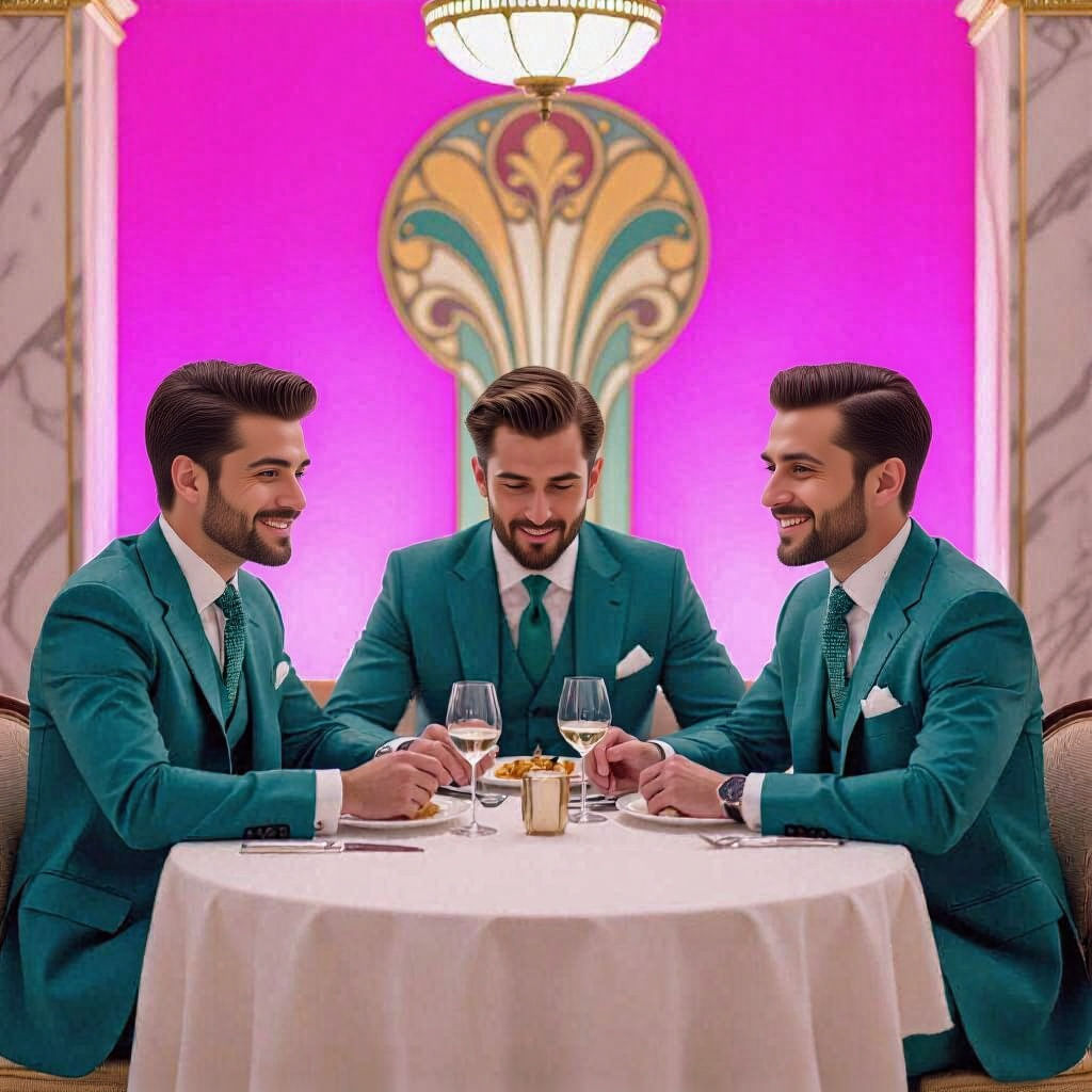 Handsome Men in Teal Dining with Pink Background