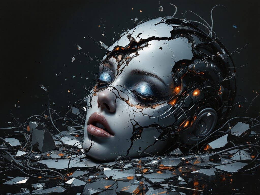 Cyborg Shattered in Futuristic Despair