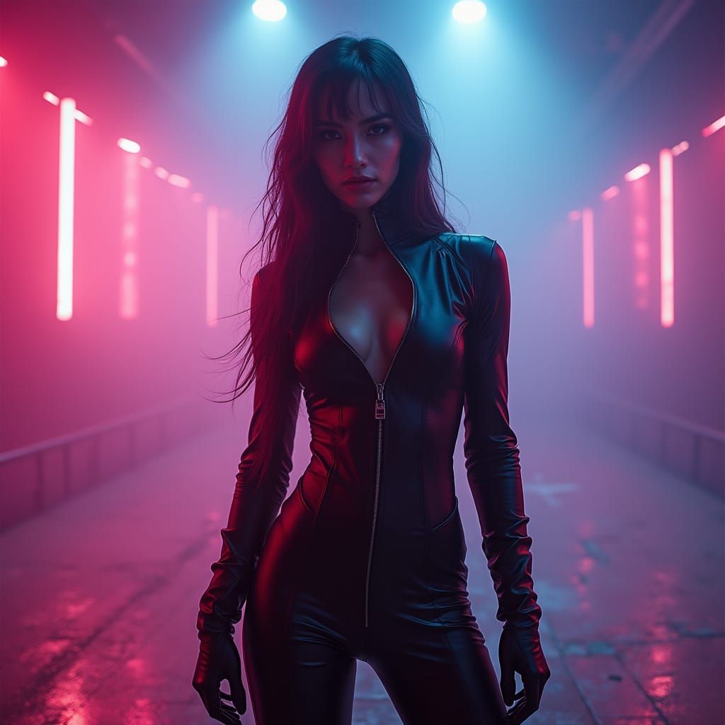 Victorious Russian Girl Fighter in Cyberpunk Arena