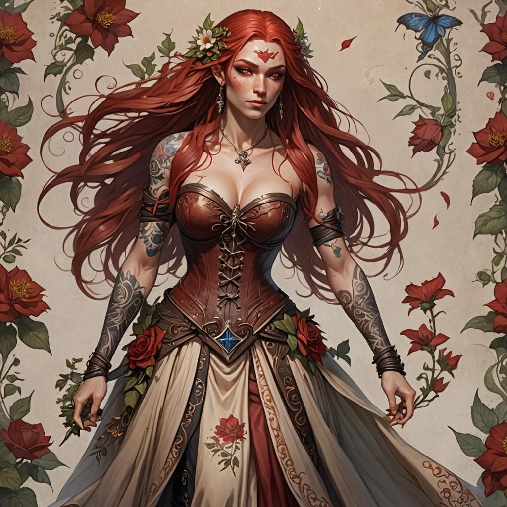 Summer Eladrin Bard with Red Hair and Tattoos