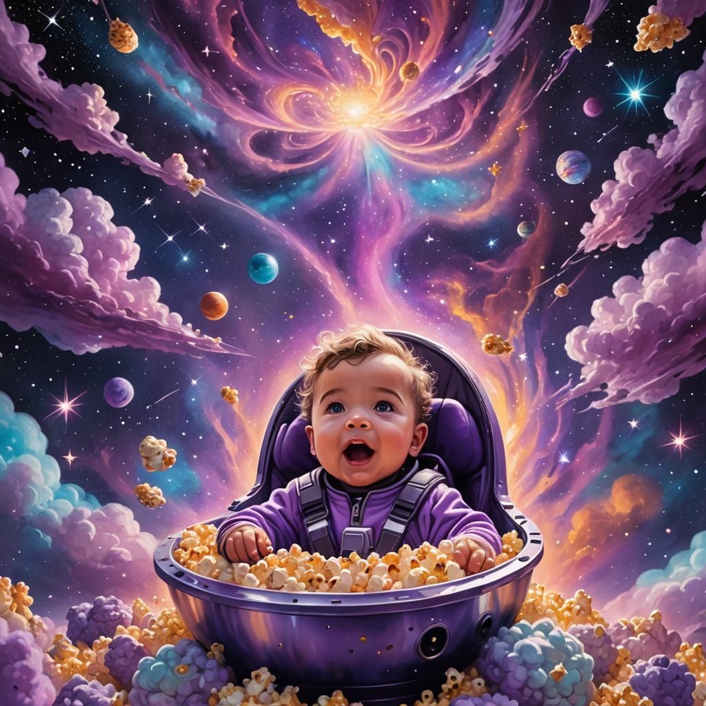 Baby in Spaceship with Popcorn: Cosmic Shamanic Art