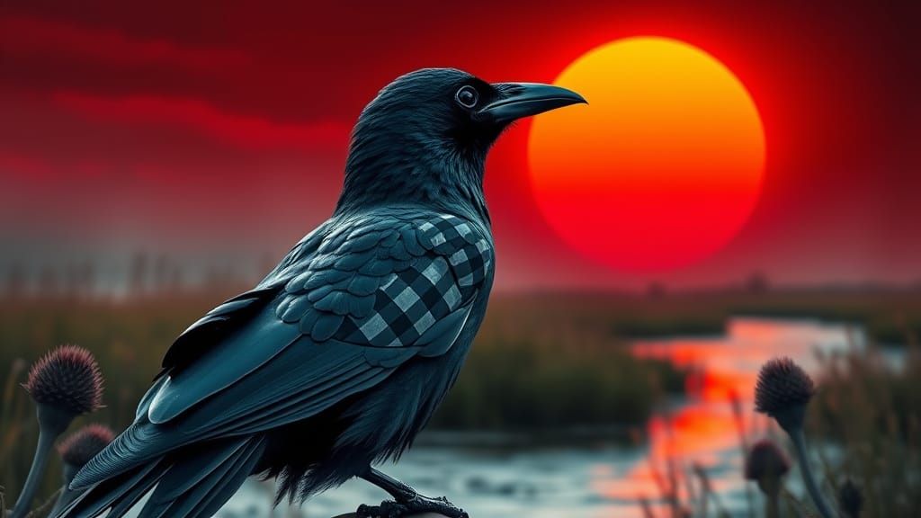 Vibrant Gingham Crow in Celestial Eclipse