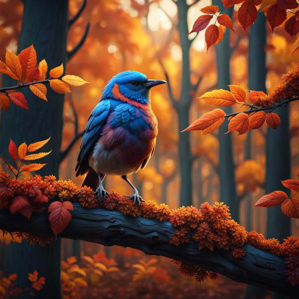 Bird on Branch in Autumn Forest Art