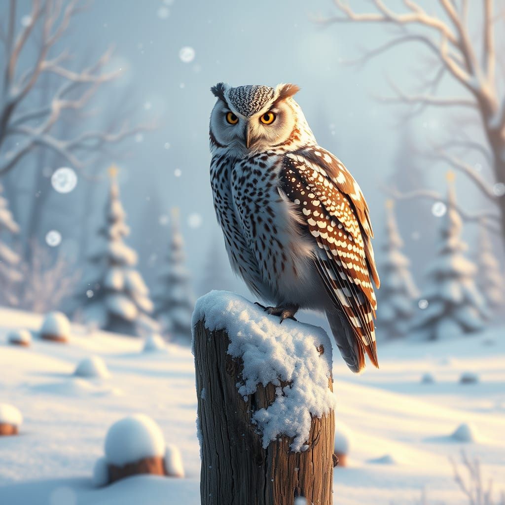 Majestic Owl on Snowy Wooden Post in Whimsical Winter Wonder...