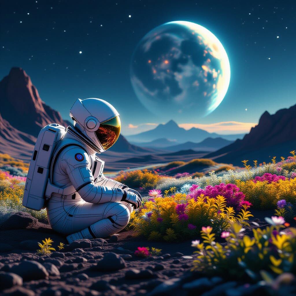 Astronaut Tends Alien Garden Under Earthrise