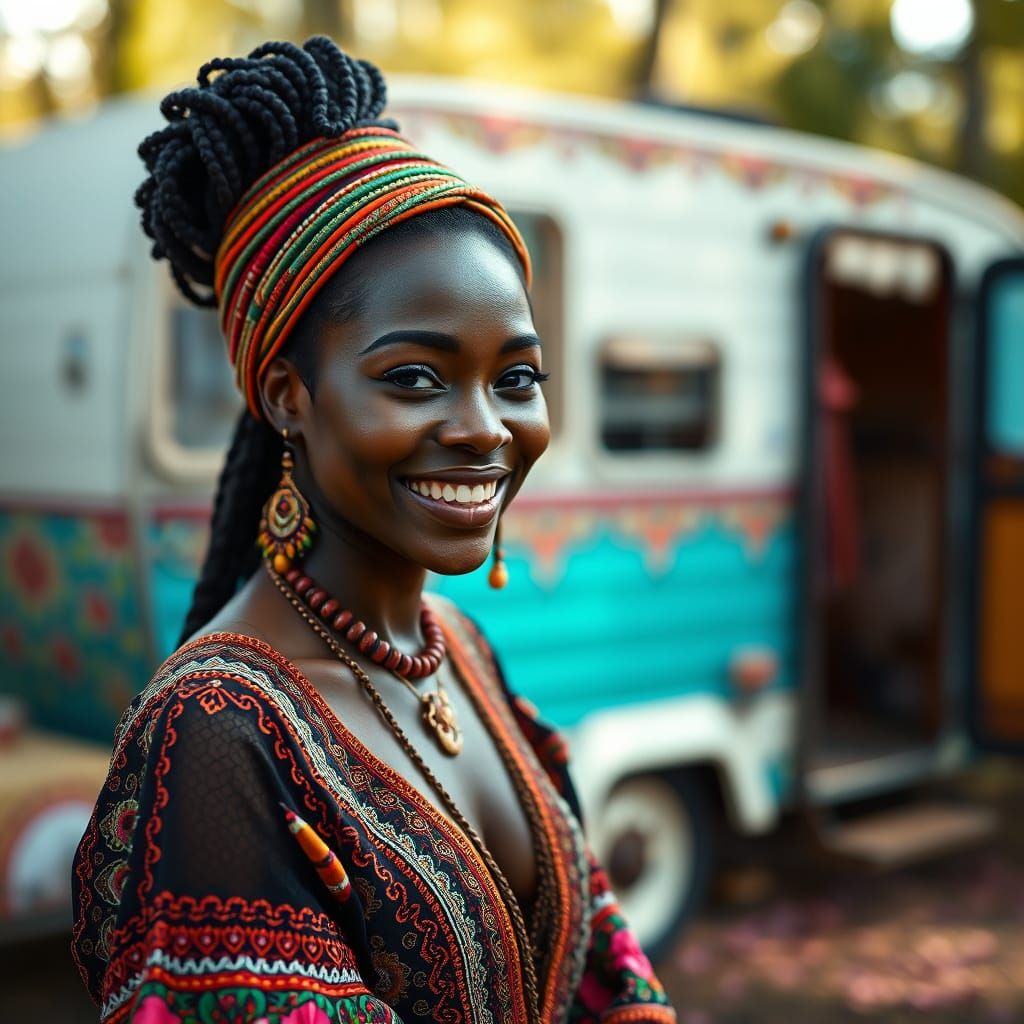 Smiling Woman in Gypsy Dress, Photo Realistic Style