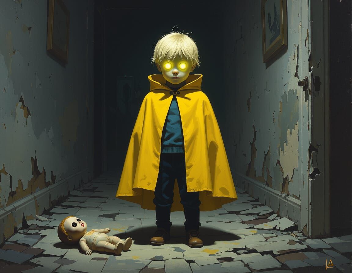 Boy in Yellow Cape with Glowing Eyes and Creepy Doll