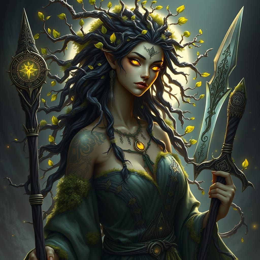 Ethereal Earth Genasi Druid in Sage Robes with Obsidian Skin...