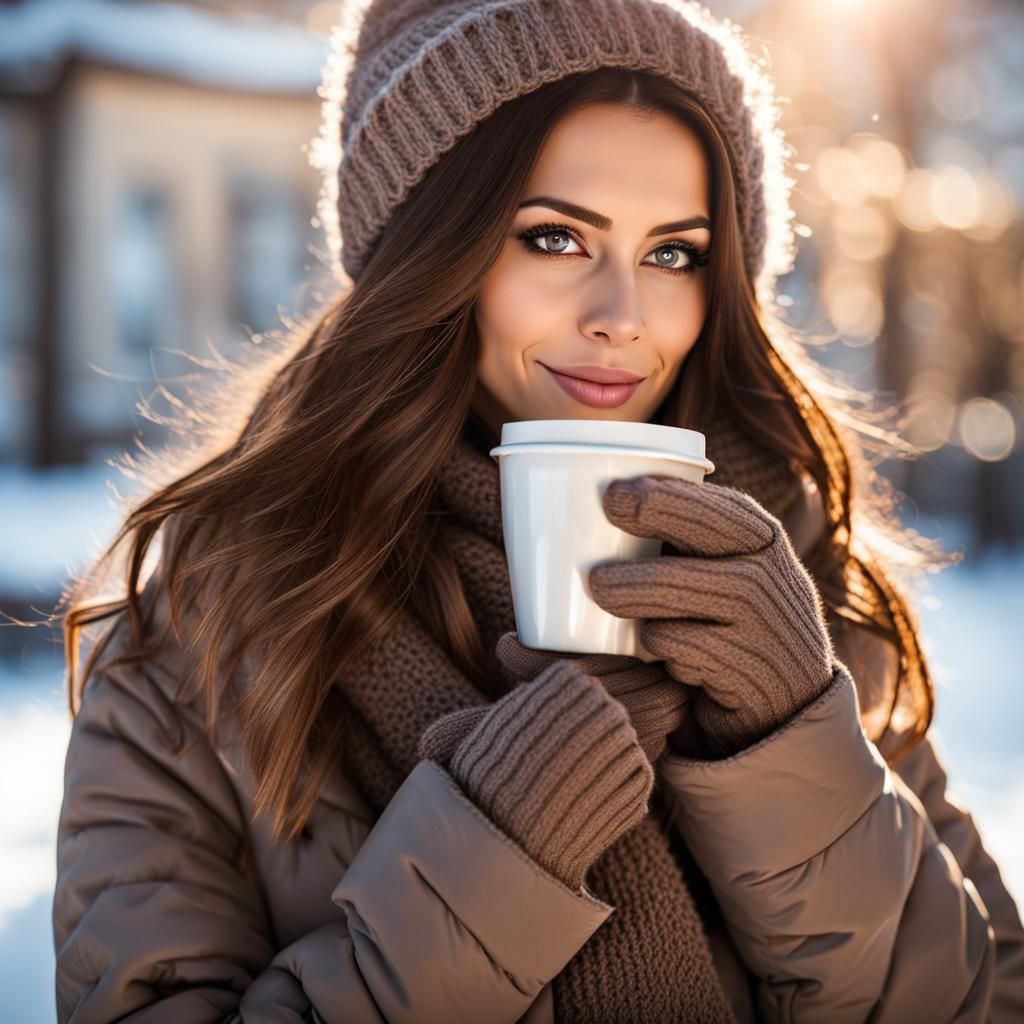 Beautiful woman with 10 fingers, brown hair, drinking coffee in the winter clothes, straight hair, normal eyes, enjoying...