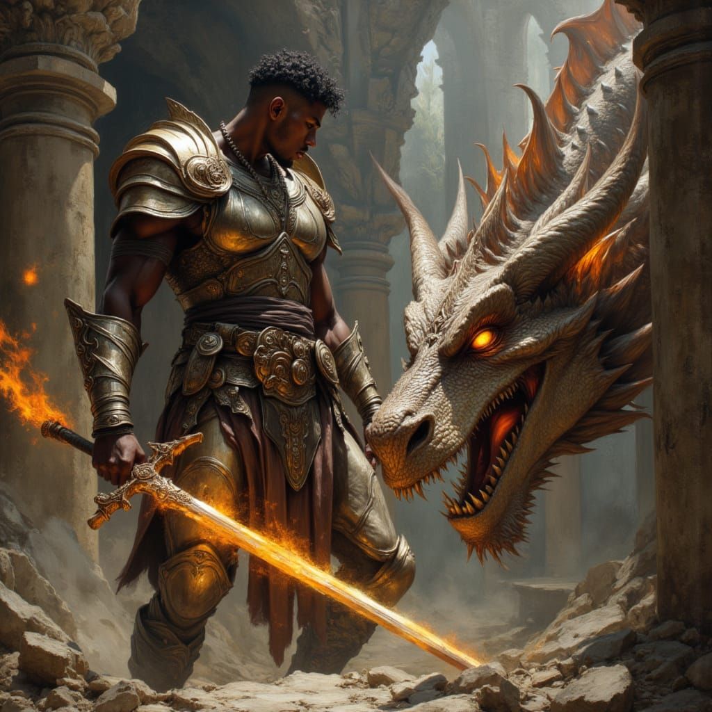 Warrior God Confronts Dragon in Divine Oil Painting