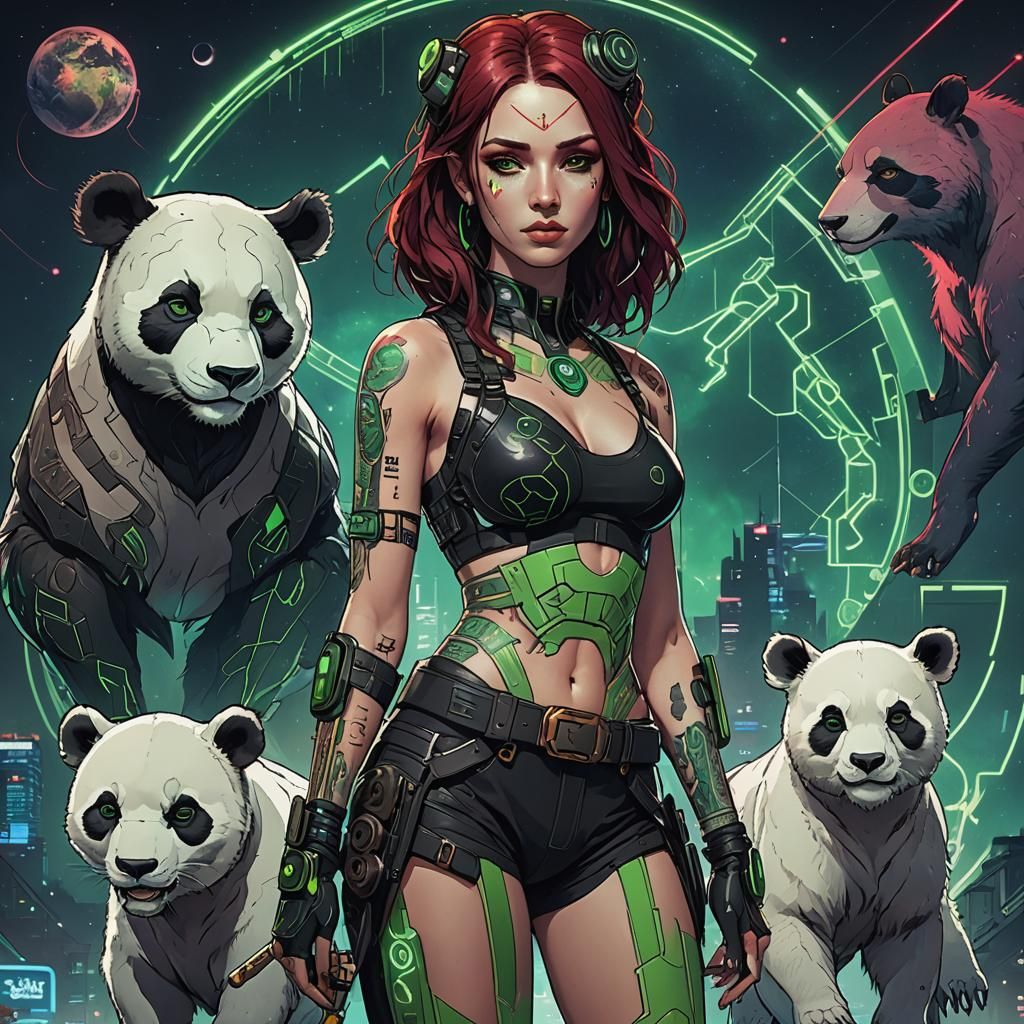 Virgo Goddess with Panda in Cyberpunk Neon Style
