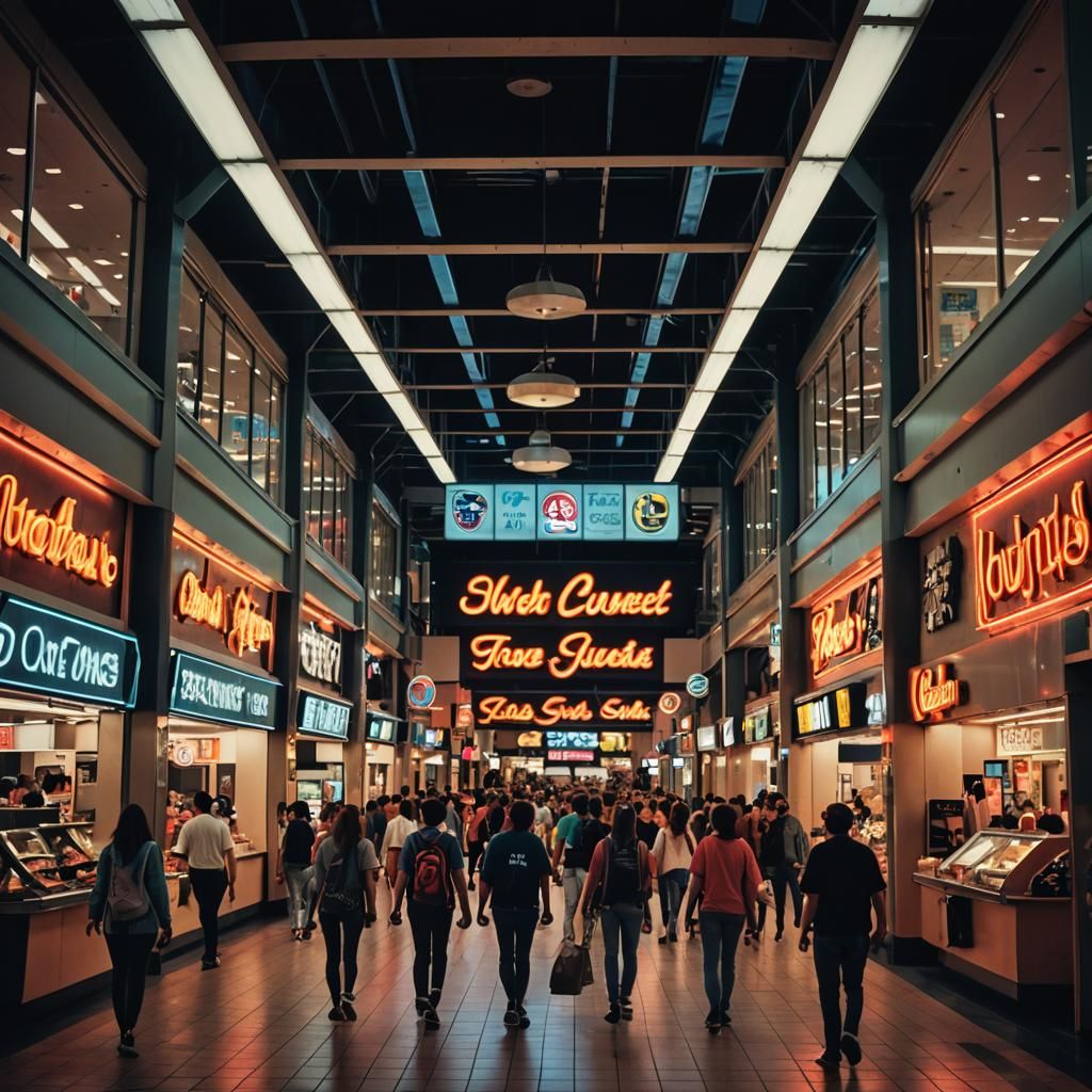 1985 Shopping Mall Scene with Teens and Neon