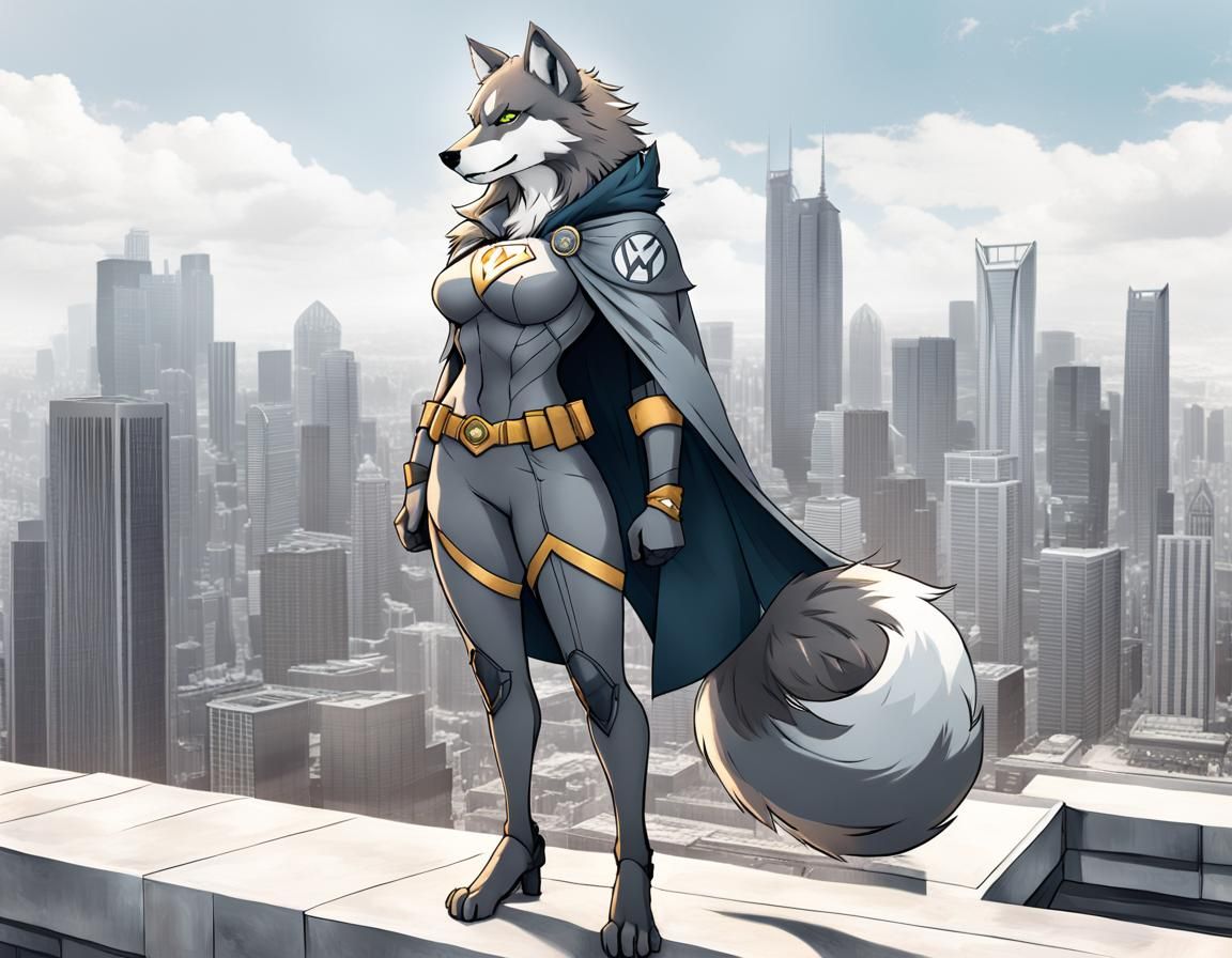 Anime Wolf Superheroine Watching Over the City