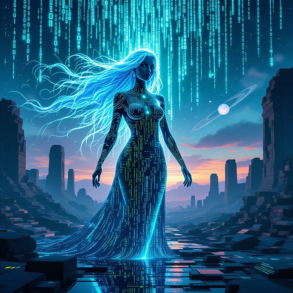 Cyberpunk Woman Emerges From Neon Binary Code