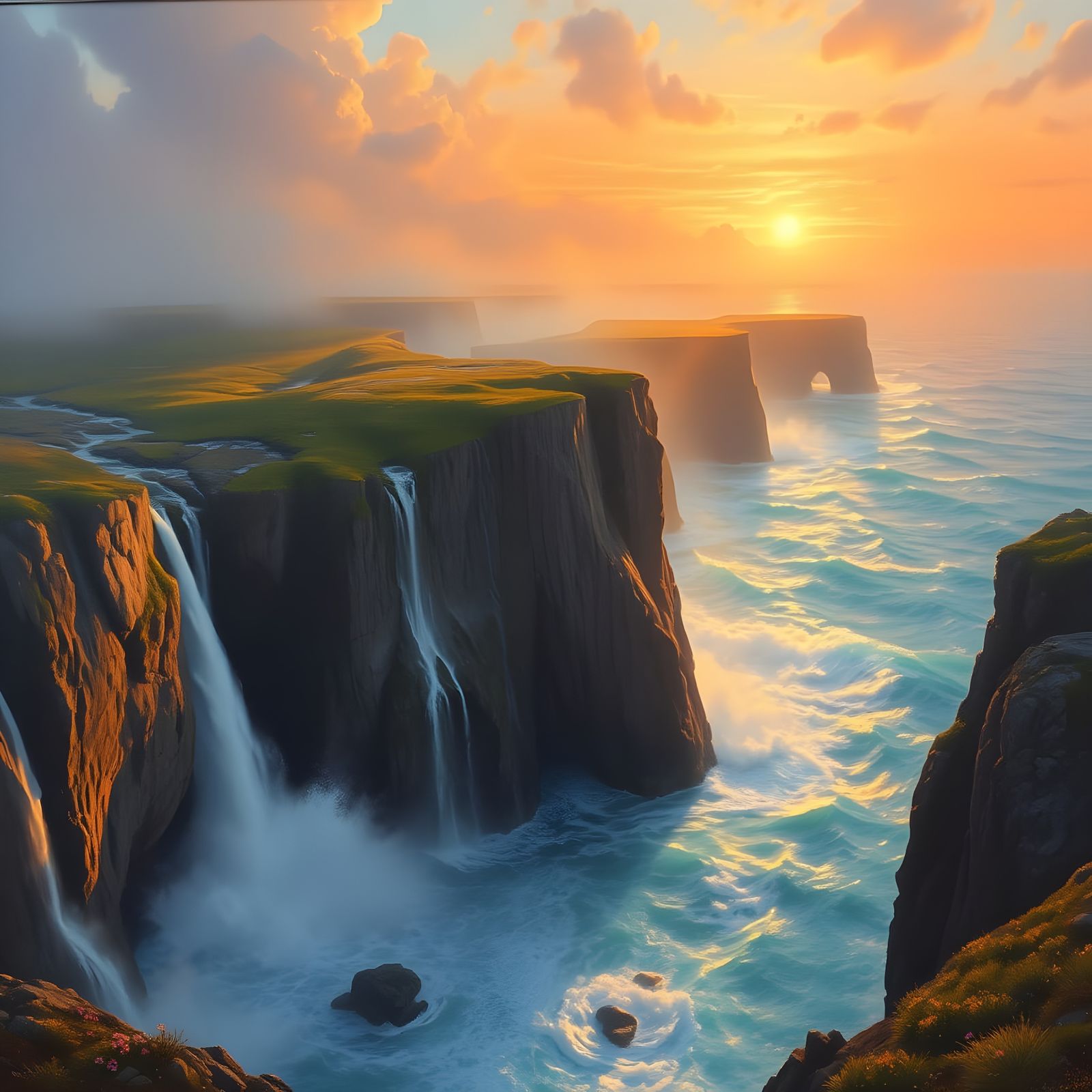 Ocean Cliffs Sunset: Detailed Oil Painting of Cascading Wate...