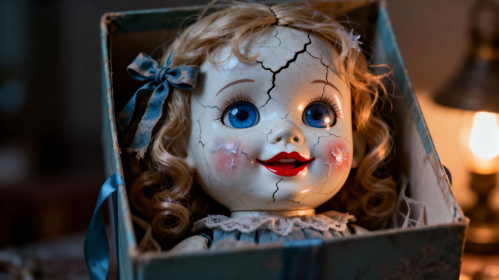 Creepy Porcelain Doll in Gift Box, Hyperrealistic