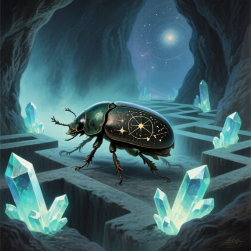 Ancient Beetle Explores Crystal Cavern in Ethereal Style