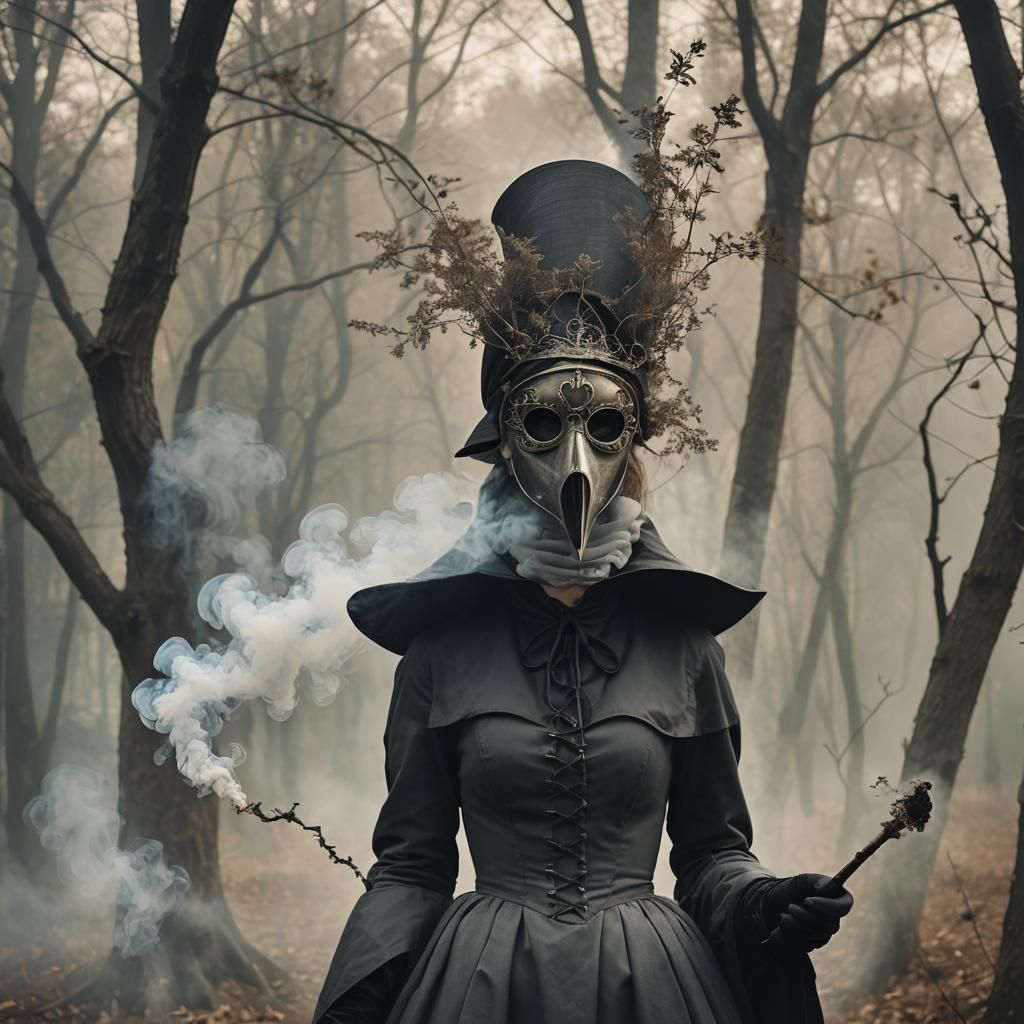 Eerie Plague Doctor Portrait with Swirling Smoke