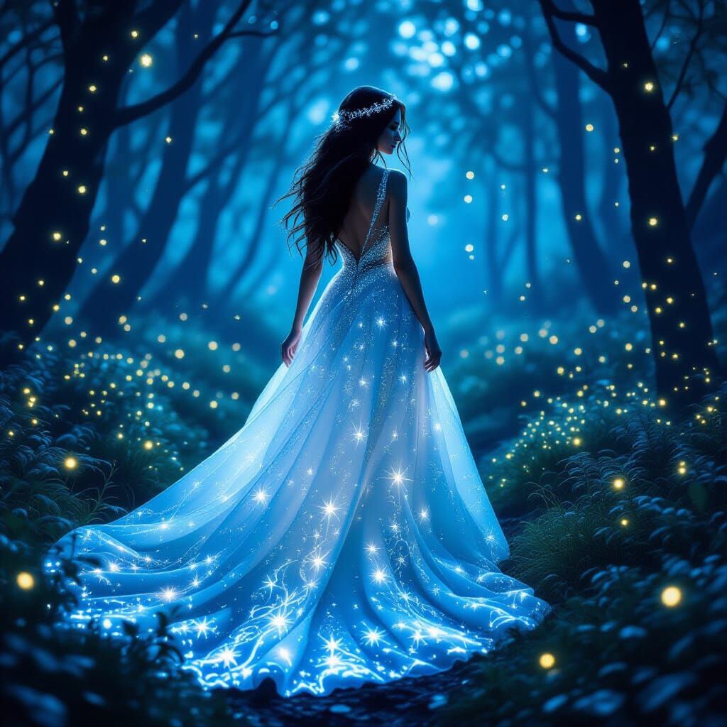 Woman in Enchanted Forest Wearing Glowing Gown