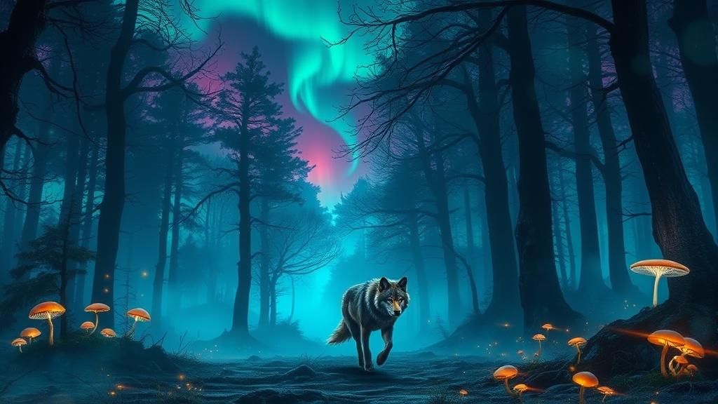 Lone Wolf in Mystical Forest Dreamscape