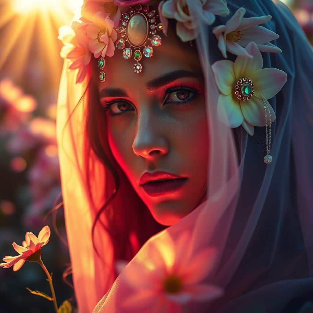 Ethereal Woman Portrait with Flowers and Spirit Lights
