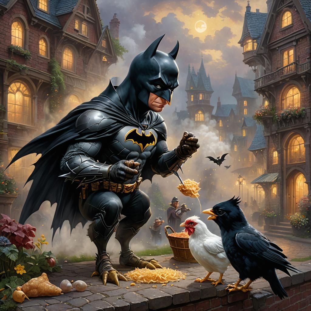 Baby Batman Feeds Chicken in Ethereal Landscape
